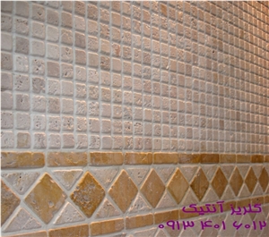 Persian Cream Travertine Tumbled Mosaic Wall Tiles, Beige Travertine Tumbled Mosaic