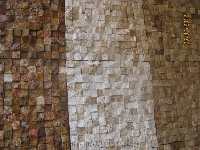 Split Face Travertine Mosaic Wall Tiles, Chocolate Iran Brown Travertine