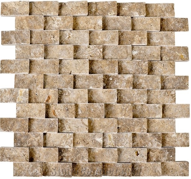 Noce Travertine Siding Split Face Mosaic, Brown Travertine