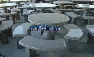 Garden Table and Bench, Brown Granite Garden Table