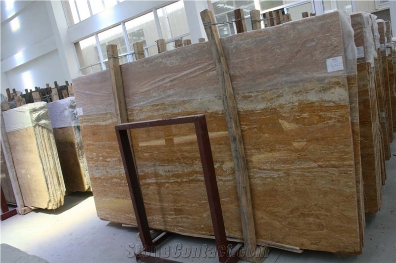 Golden Silver Travertine Slab, Iran Brown Travertine