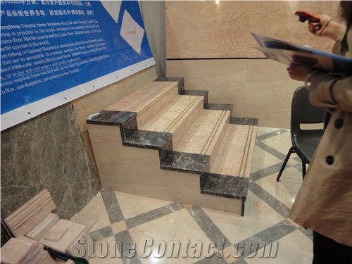 Beige and Black Marble Stairs, Steps, Crema Marfil Beige Marble Stairs