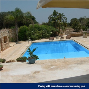 Paving with Hard-Stone Pool Coping, Perlato Maltese Beige Limestone