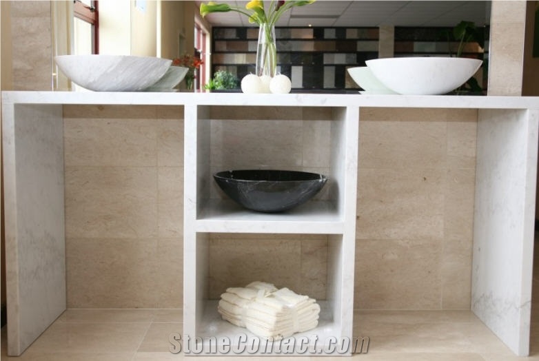 Double Bathroom Vanity, Beige Travertine Bath Tops