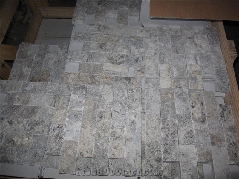 Silver Travertine Split Brick Mosaic, Grey Travertine