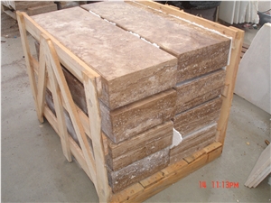 Travertine Walnut Block Steps, Brown Travertine