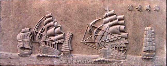 Red Sandstone Sailing Vessel Relievo
