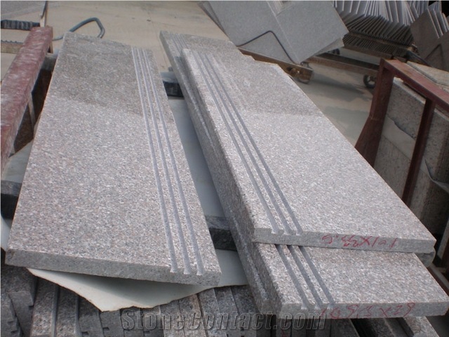 China G664 Pink, Brown Granite, Porrino/Luoyuan Red Cheap Granite in Stair Steps with Anti Slip, Bullnose Round Long Edge, Treads and Risers