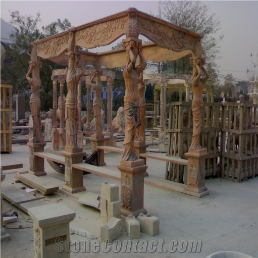 Gazebo - European Character Stone Sculptured, Brown Marble Gazebo