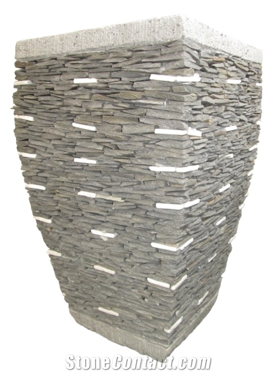 Stacked Stone Garden Flower Pot, Lava Stone Grey Basalt