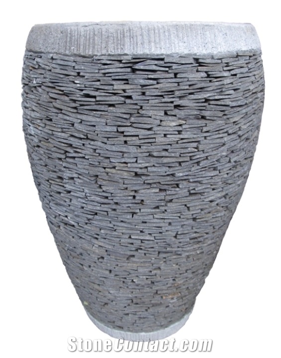 Stacked Stone Garden Flower Pot, Lava Stone Grey Basalt