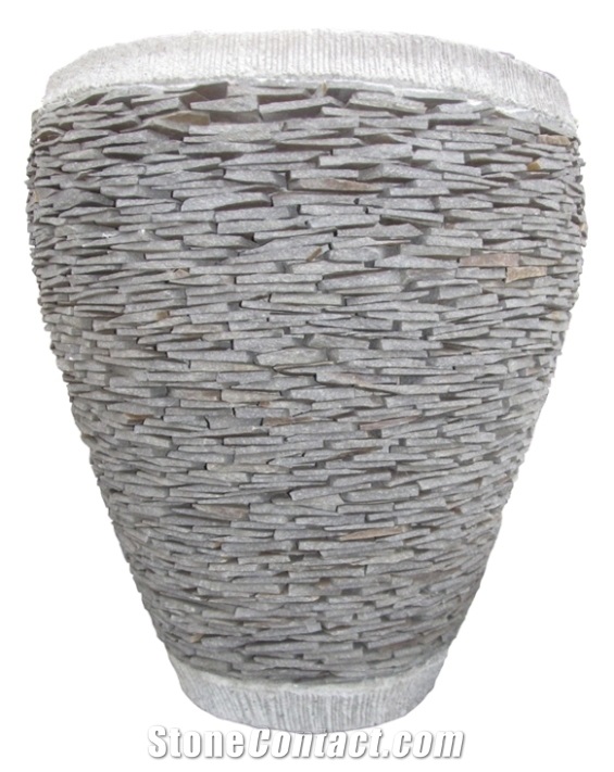 Stacked Stone Garden Flower Pot, Lava Stone Grey Basalt