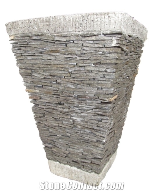 Stacked Stone Window Box Planter, Lava Stone Grey Basalt