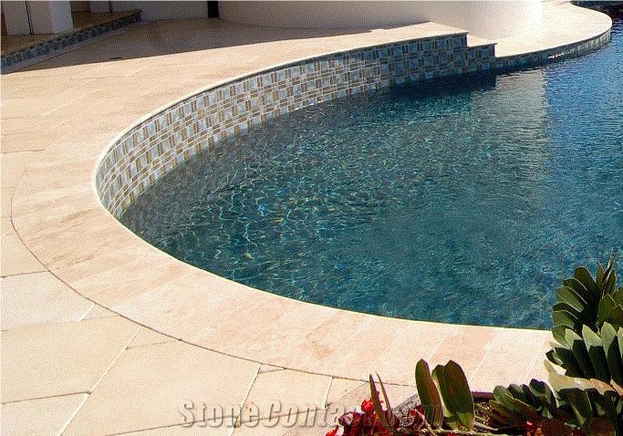 Tumbled Classic Travertine Turkish Pool Coping, Ivory Cream Beige Travertine Pool Coping