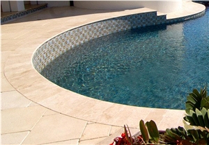 Tumbled Classic Travertine Turkish Pool Coping, Ivory Cream Beige Travertine Pool Coping