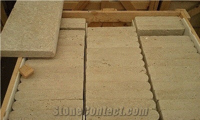 Tumbled Classic Travertine Turkish Pool Coping, Ivory Cream Beige Travertine Pool Coping