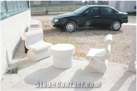 Garden Bech, Trani Bronzetto White Limestone Bench & Table