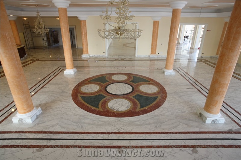 Marble Waterjet Medallion, Calacatta Oro ,Rosso Magnaboschi Marble