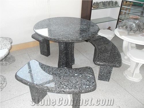 Granite Stone Table and Bench, Pearl Blue Granite Bench