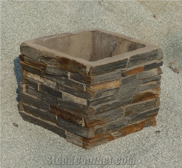 Gate Post with Cultured Stone, Brown Slate Gate Post