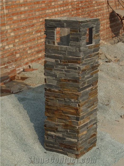 Gate Post with Cultured Stone, Brown Slate Gate Post