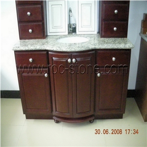 Vanity with Wood Cabinet, White Granite Bath Tops