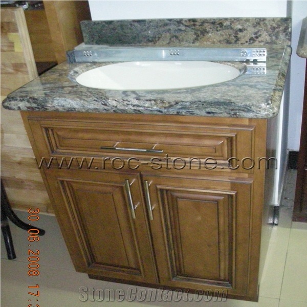 Vanity with Wood Cabinet, White Granite Bath Tops