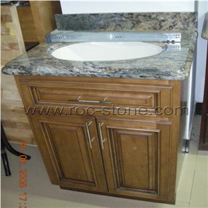 Vanity with Wood Cabinet, White Granite Bath Tops