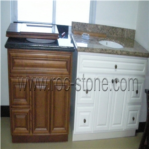 Vanity with Wood Cabinet, White Granite Bath Tops