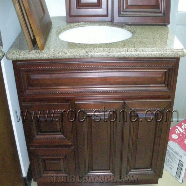 Vanity with Wood Cabinet, White Granite Bath Tops