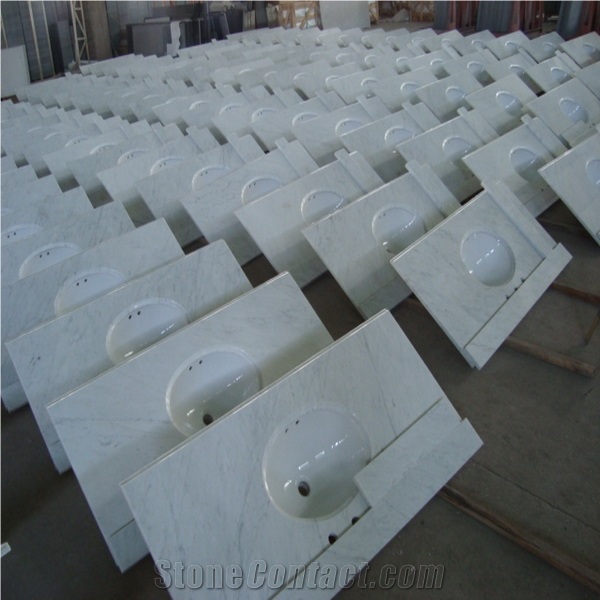 White Marble Bath Tops, Bianco Carrara White Marble Bathroom Countertops, White Bathroom Vanity Tops with Porcelian Sinks, Bianca Carrara,Bianco Carrera,Bianco Di Carrara,Blanc De Carrare