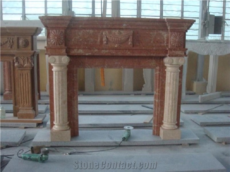 Column Configuration Fireplace, Red Marble Fireplace