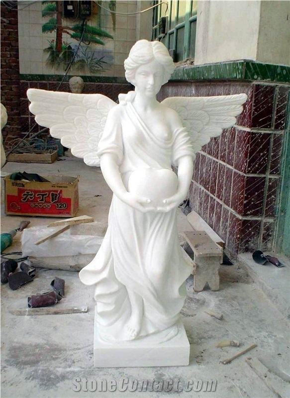 White Marble Angel Statue with Wings