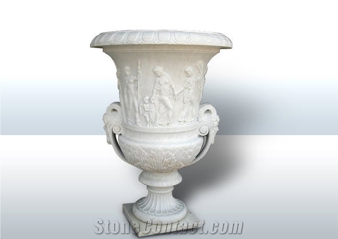 Aphrodisias Cloudy Marble Antique Flowerpot, White Marble
