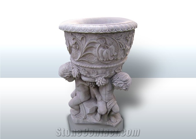 Aphrodisias Cloudy Marble Antique Flowerpot, White Marble