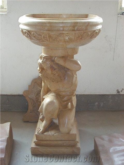 Granite Fountain with Man Sculpture, Yellow Granite Fountain