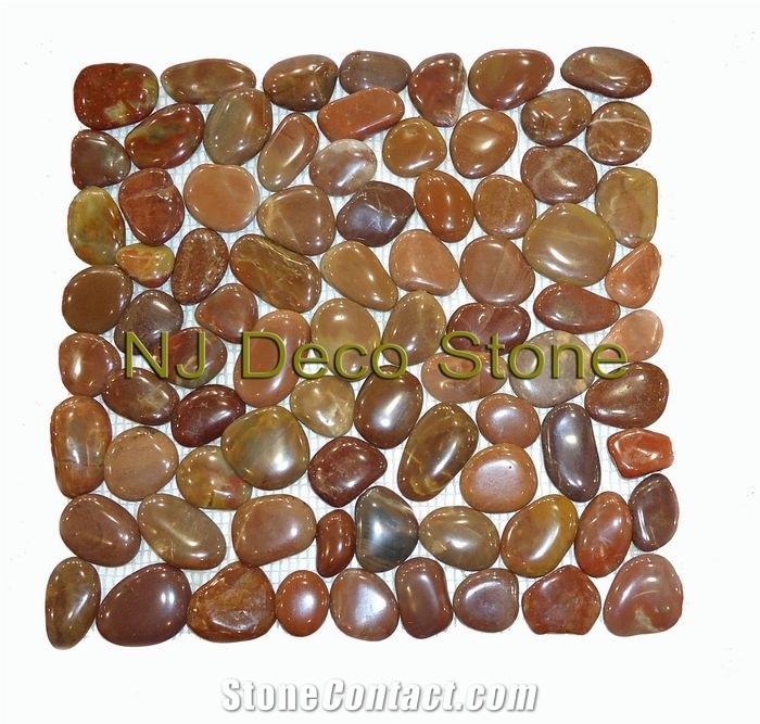 Red Pebble Tile High Polished, Pebble Red Marble Mosaic