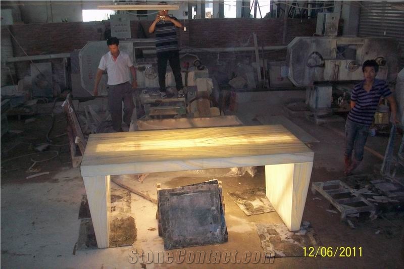 Backlit Honey Wood Vein Onyx Glass Table