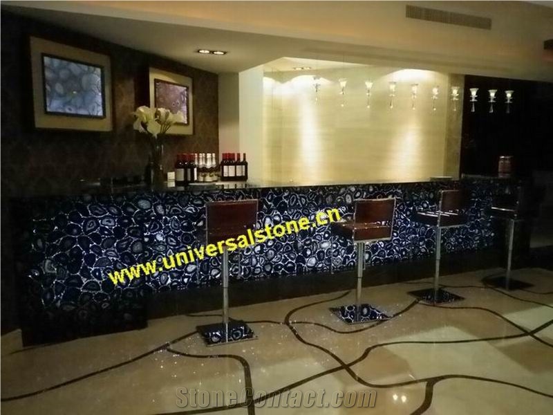 Translucent White Onyx Backdrop Wall and Blue Bar