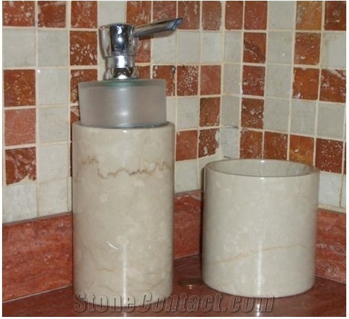 Botticino Classico Soap-Disher and Glass, Beige Marble Bath Accessories