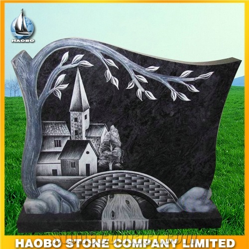 China Factory Bahama Blue Granite Carving Monument Engraved Tree and House Headstone Line Car