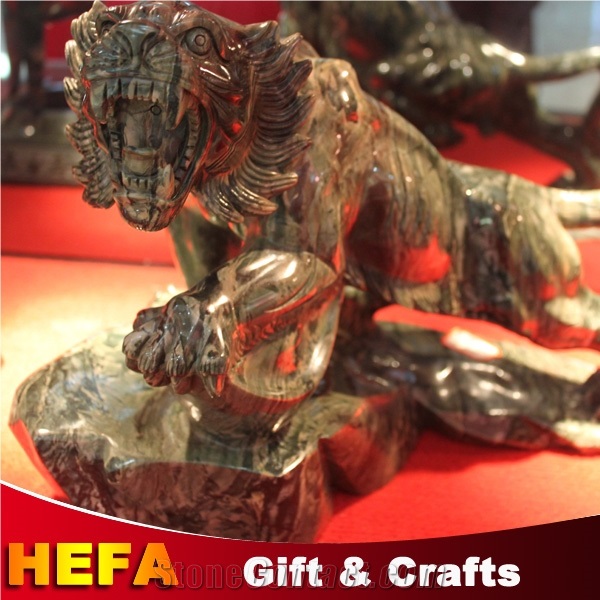 Jade Lion & Tiger Statue, Hua an Jade/Ink Jade Green Marble Artifacts, Handcrafts