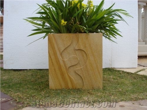 Flower Pot, Teak Wood Beige Sandstone