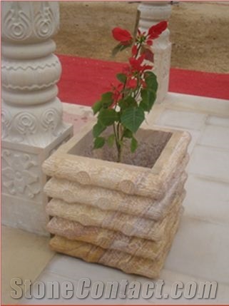 Flower Pot, Teak Wood Beige Sandstone