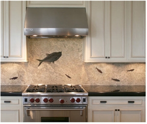Honed Slab Backsplash with Fossils Prepared in Rel, Beige Limestone Kitchen Accessories