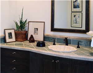 Slate Tile Vanity Top with Coral Stone Edge, Riven Green Slate Vanity Top