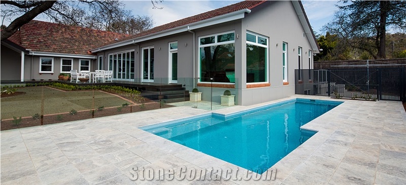 Silver Travertine Landscape and Poolscape, Silver Grey Travertine Pool Coping