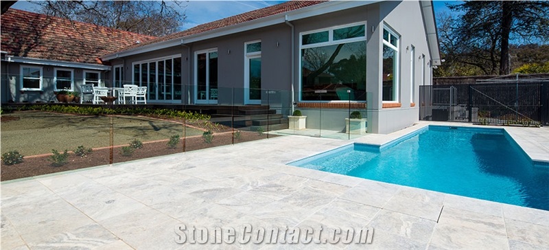 Silver Travertine Landscape and Poolscape, Silver Grey Travertine Pool Coping