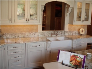 White Spring Granite Kitchen with Farm Sink, Spring White Granite Kitchen Countertops