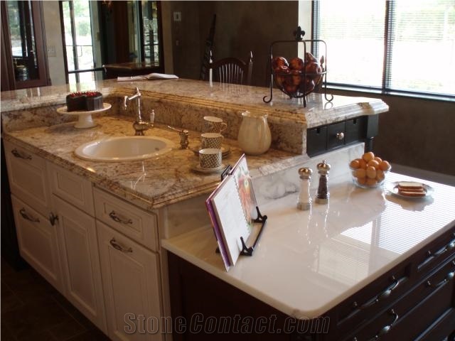 White Spring Granite Kitchen with Farm Sink, Spring White Granite Kitchen Countertops